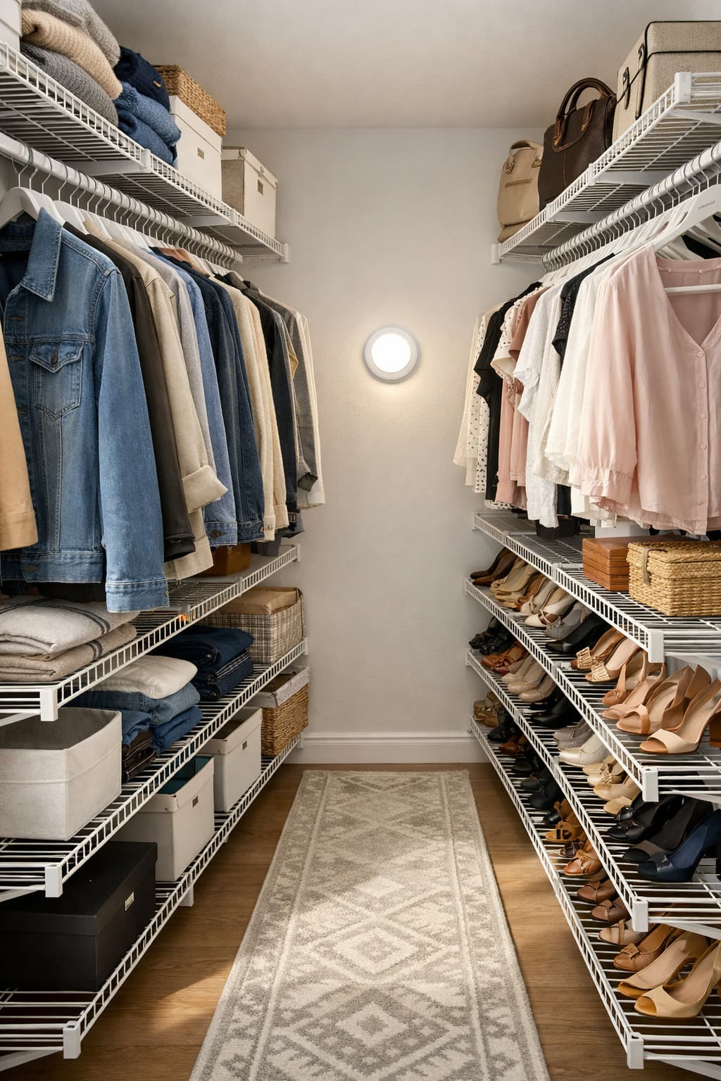 Organized walk-in closet with wire shelving, hanging rod, motion-sensor LED light and runner rug
