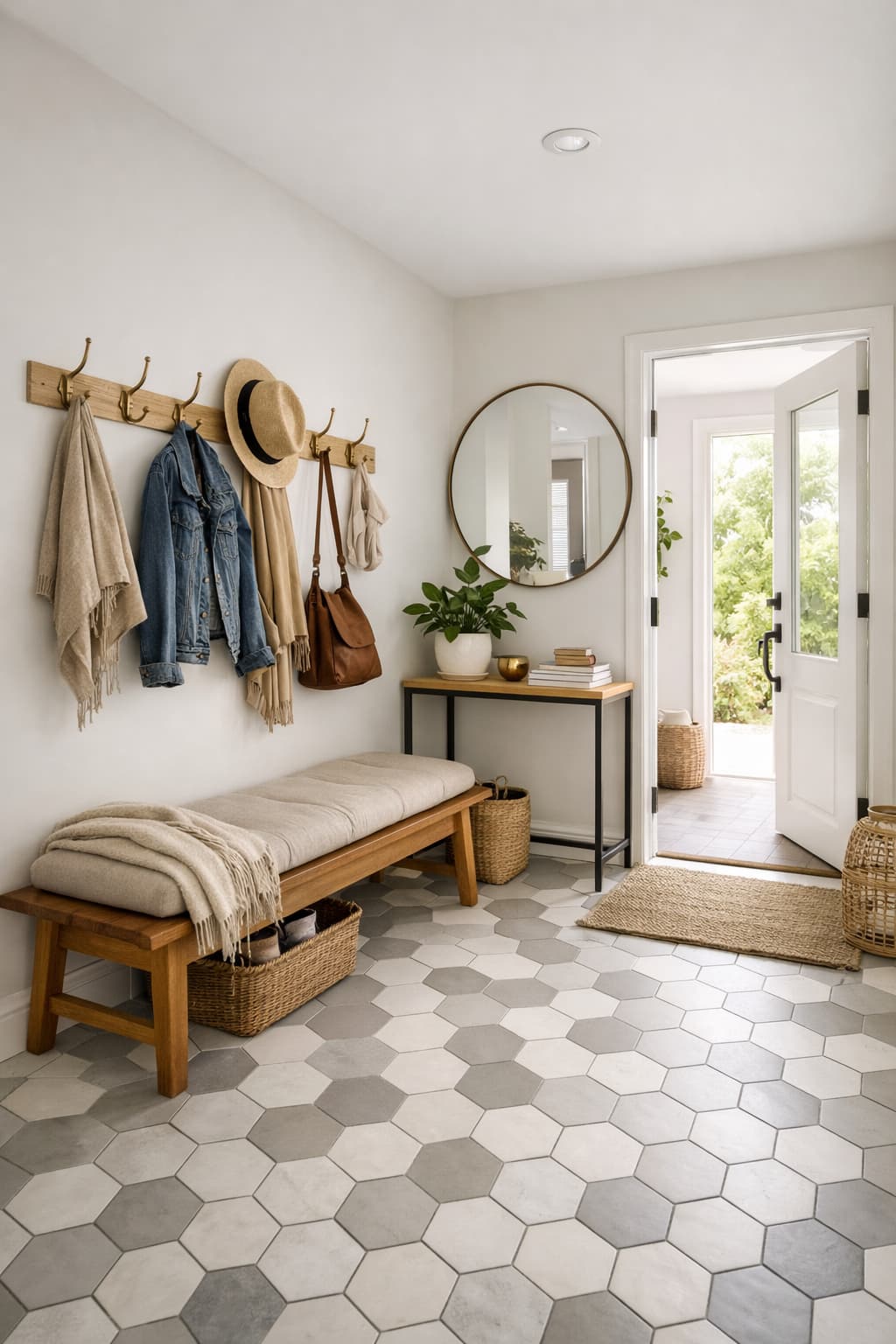 Welcoming apartment entryway with hex tile floor, wooden bench, brass coat hooks and round mirror