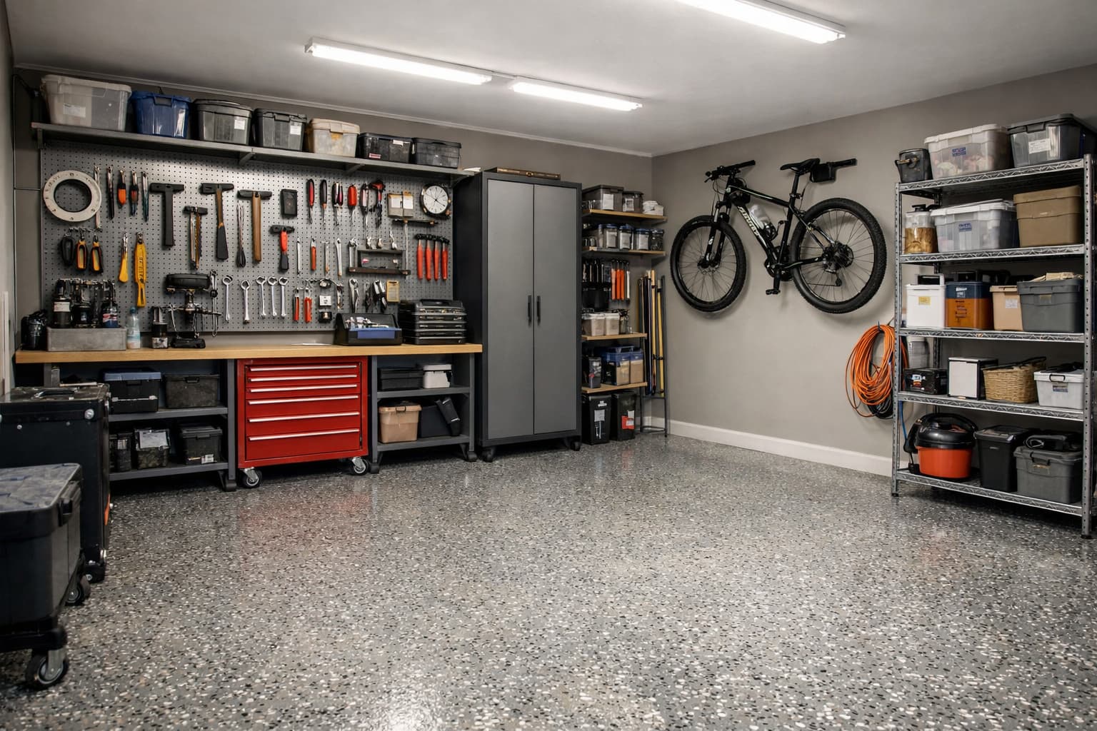 Organized DIY garage with epoxy floor, metal pegboard tool storage and hung bicycle