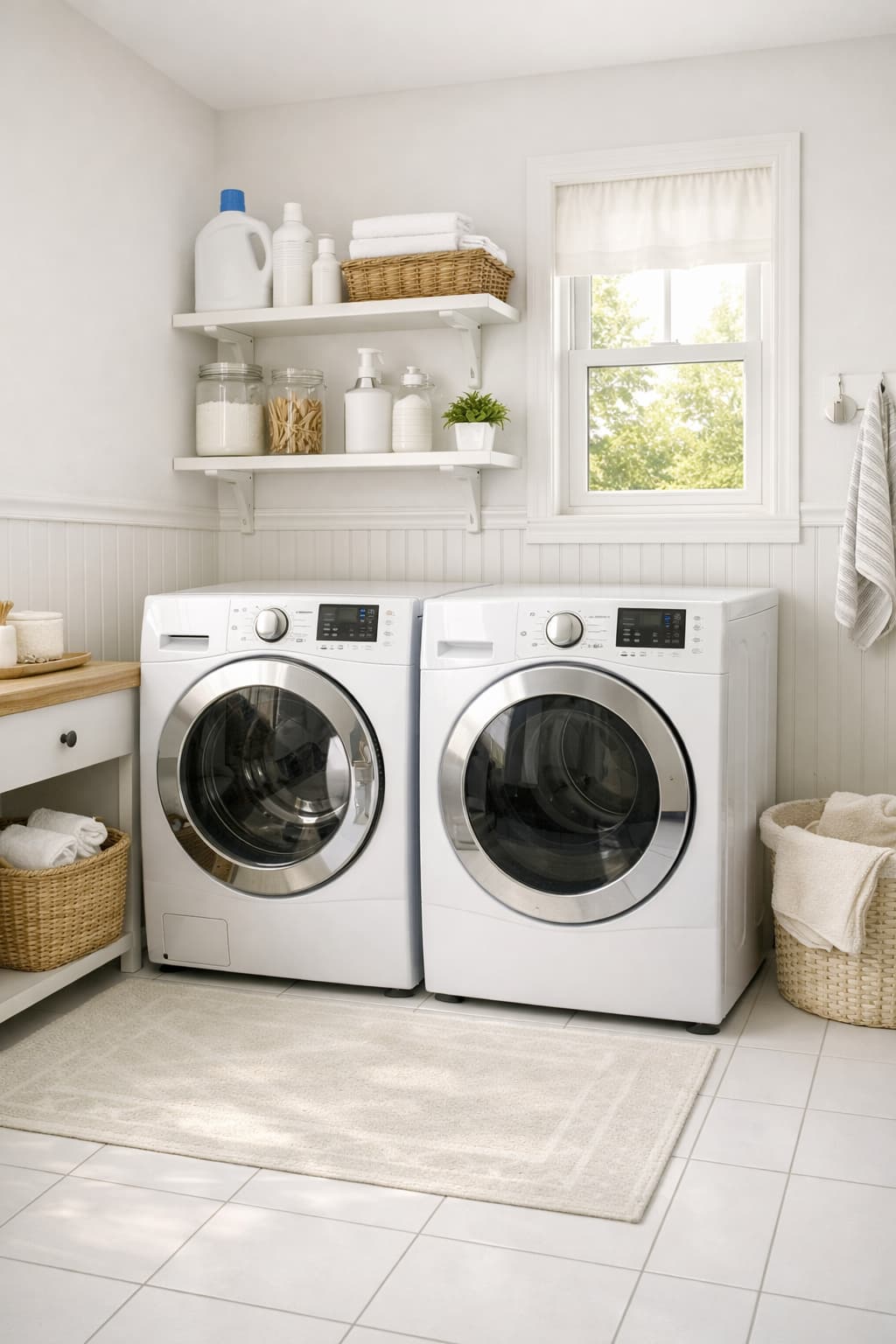 Bright budget-friendly laundry room with white tile floor, beadboard wainscoting and front-load washer