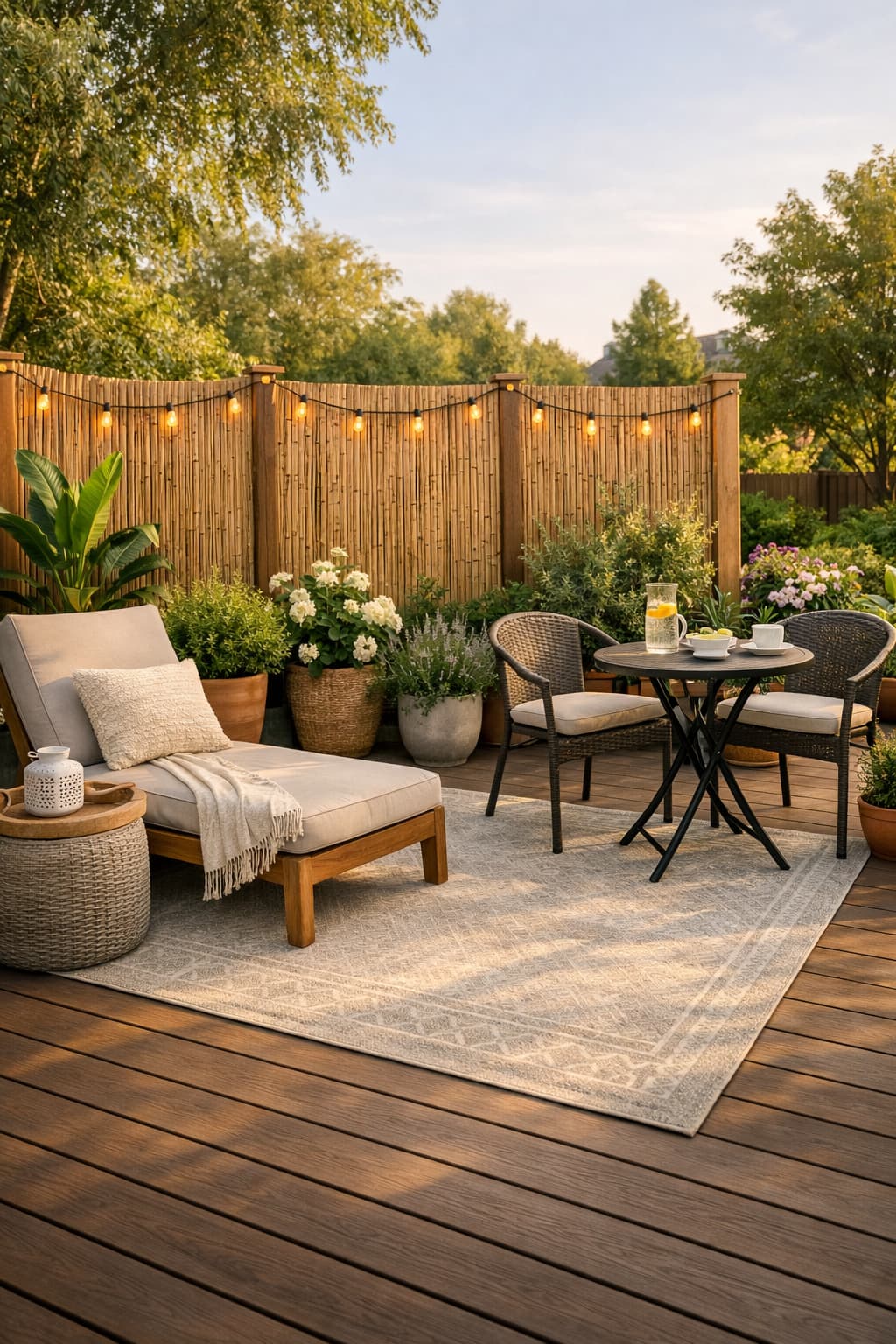 Backyard wooden deck with outdoor rug, lounge seating, bamboo privacy screen and garden in background