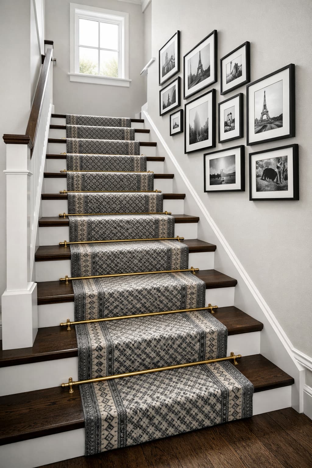 Modern staircase with patterned runner held by brass rods and gallery wall on adjacent wall