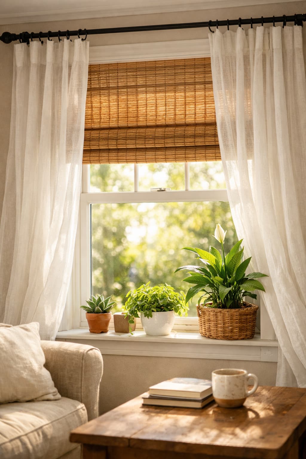 Sunlit living room window with flowing white curtains, bamboo roman shade and potted plants on sill