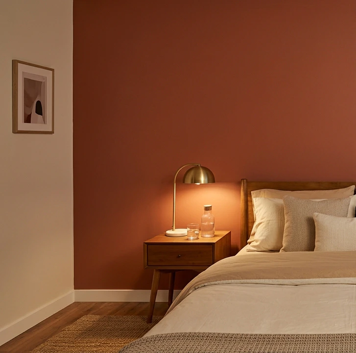 Bedroom corner with deep terracotta matte painted accent wall, framed artwork on the adjacent white wall, wooden mid-century bedside table with a brass dome lamp and small glass carafe, cream linens and a jute rug, showing the solid-color paint approach to a bedroom accent wall
