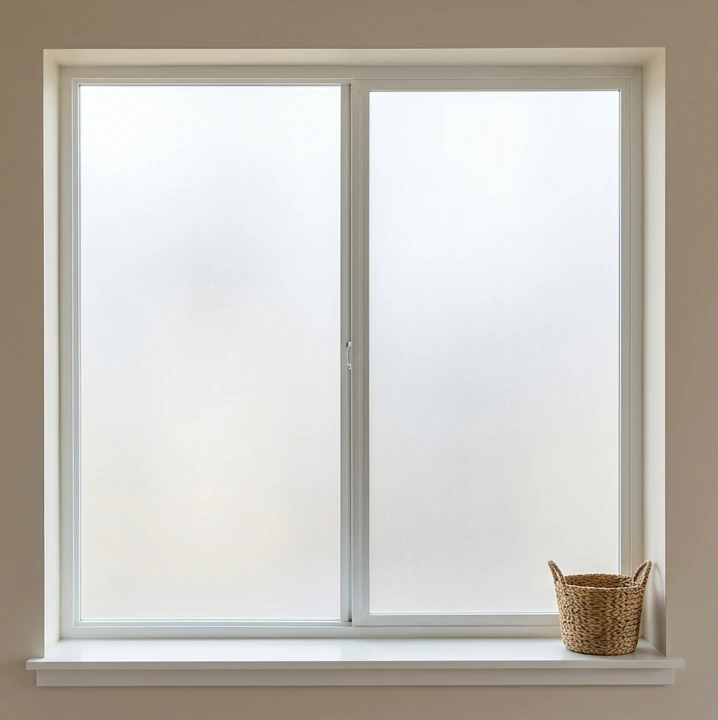 Residential casement window with frosted adhesive privacy film applied to both glass panes with crisp clean edges and no curling (the permanent-install method that lasts 5-7 years even in humid bathrooms), soft daylight passing through the frosted surface as a hazy white glow with no visibility through, white-painted window frame and sill, a small woven catch-all basket on the right edge of the sill, beige wall behind, showing the permanent install method that survives bathroom and kitchen humidity where static-cling would fail