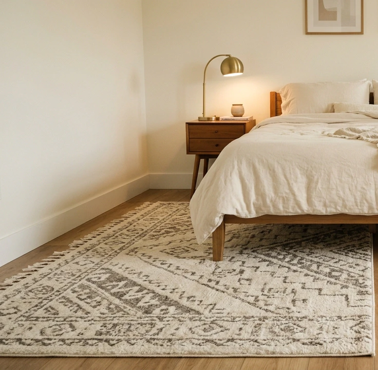 Large cream-and-warm-grey bohemian patterned area rug under a queen bed with cream linens, mid-century wooden bedside table and brass arc lamp on warm-oak hardwood floor, showing how the rug defines the bedroom and covers the walking lane without replacing the whole floor