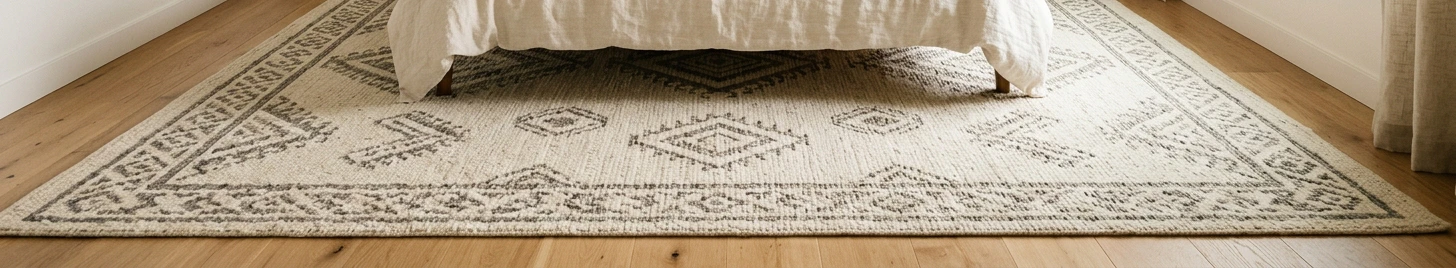 Close-up of a large cream and warm-grey bohemian patterned area rug extending past the foot of a queen bed onto warm-oak hardwood floor, showing the proper rug placement that defines the bedroom visually and provides warm walking surface around the bed