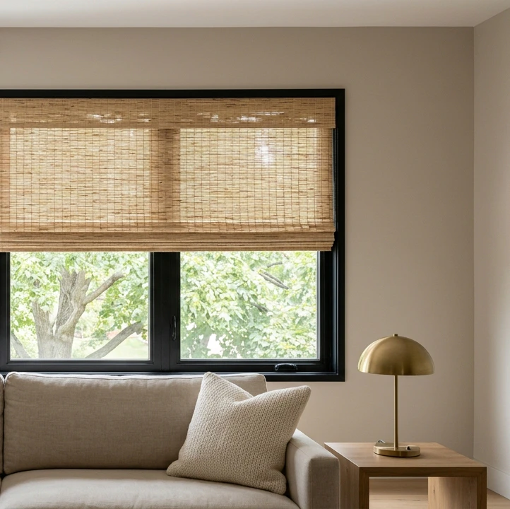 Natural woven bamboo roman shade mounted inside a black-framed window, shade half-raised showing the bamboo slat texture and a view of trees through the window glass below, neutral linen sofa partially visible in the foreground showing the architectural inside-mount approach
