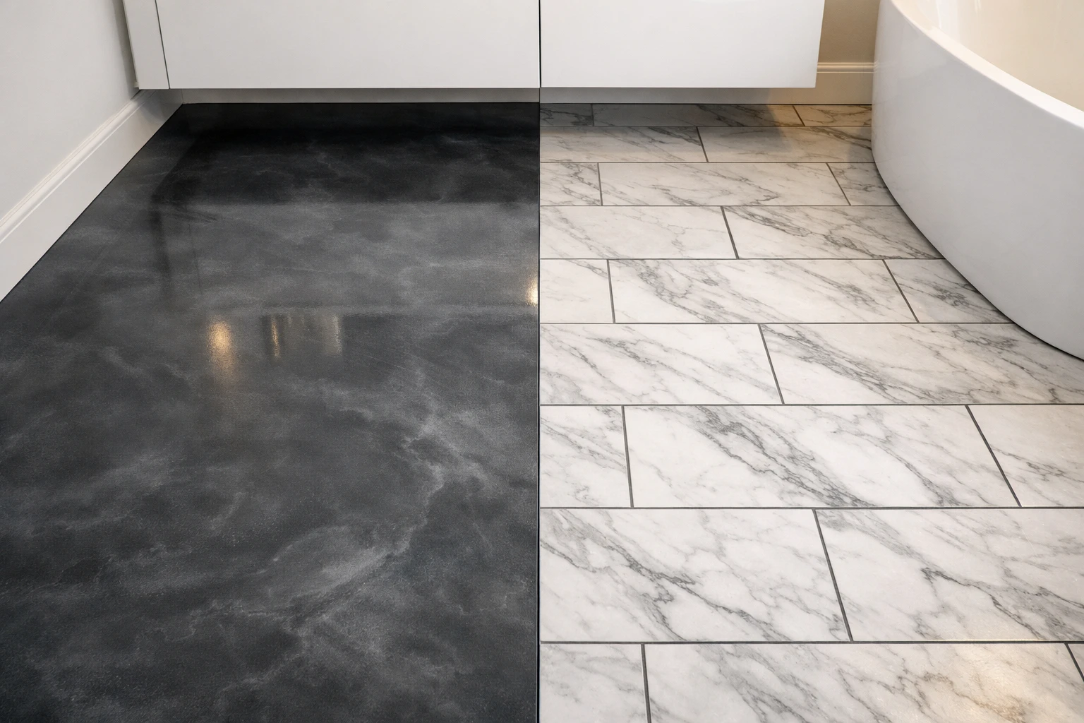 Bathroom floor split down the center, left half seamless glossy charcoal-grey metallic epoxy with a marbled swirl and no grout lines, right half white-and-grey marble-look porcelain tile in an offset brick-lay pattern with grey grout lines, white vanity on the left and a freestanding tub apron on the right