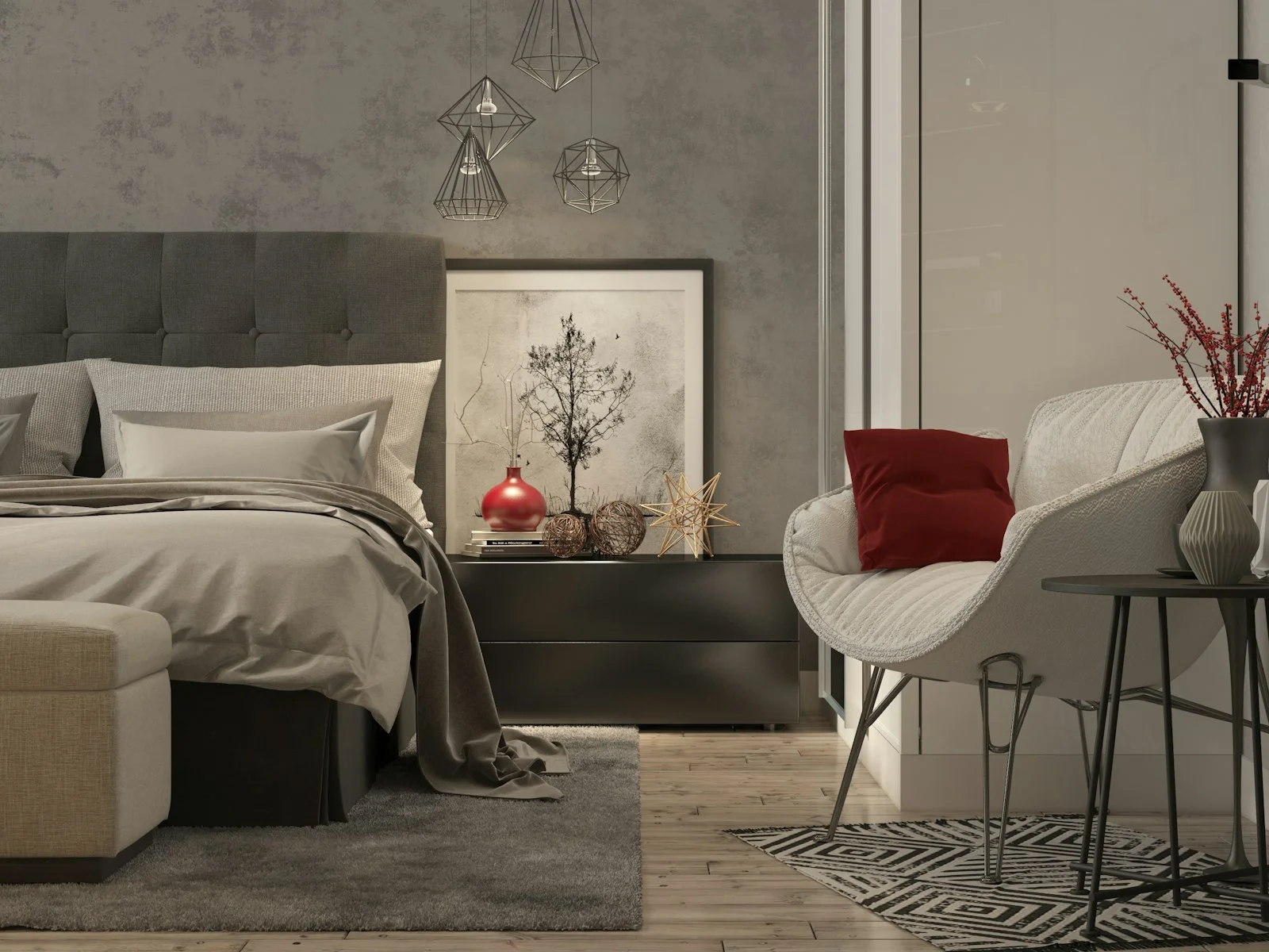 Calm bedroom with dark accent wall, warm bedside lamps and a large area rug