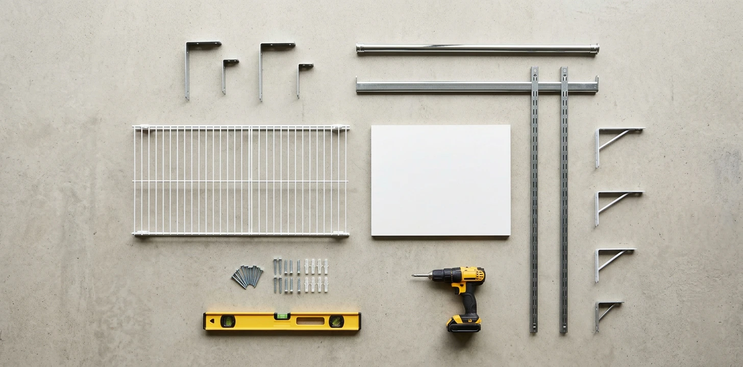Flat-lay of budget closet system components — white wire shelving section, laminate shelf panel, chrome rod, steel hang rail with standards, brackets, anchors, a level and a cordless drill on light concrete