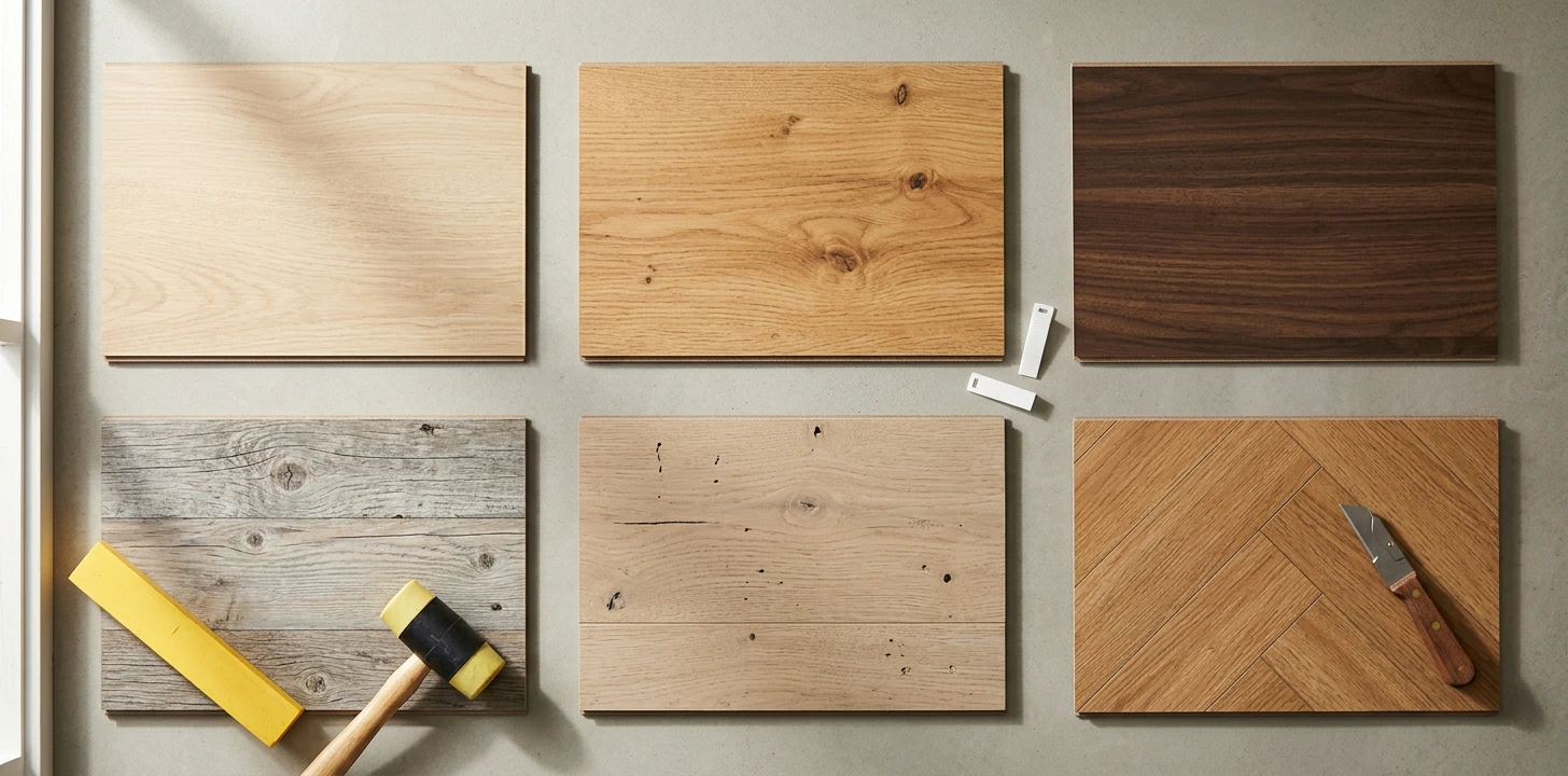 Editorial flat-lay of six luxury vinyl plank flooring sample boards in a 3x2 grid on a concrete subfloor — light blonde Scandinavian oak, honey oak with knots, dark espresso walnut, weathered grey reclaimed barnwood, wide-plank French oak, and herringbone parquet medium oak — with tapping block, rubber mallet, utility knife and spacer wedges