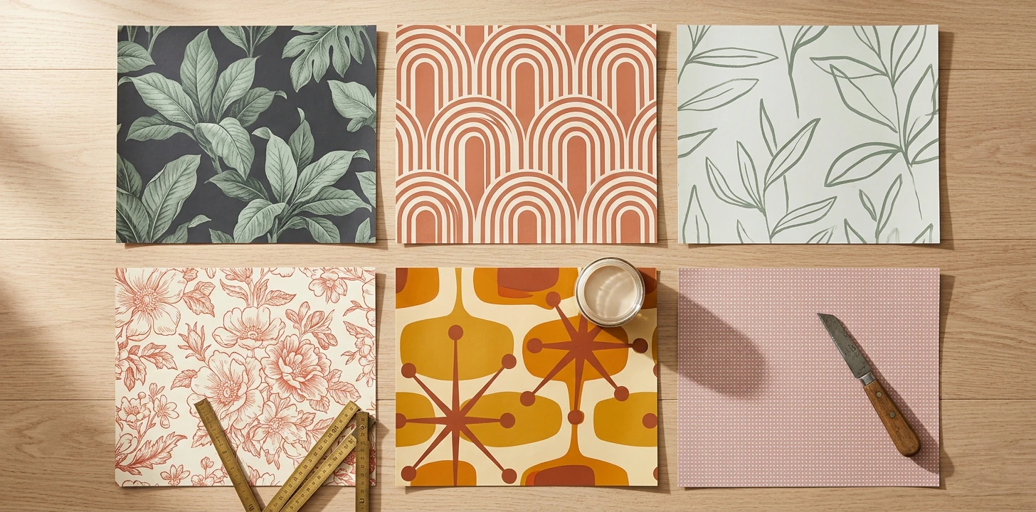 Editorial flat-lay of six peel-and-stick wallpaper sample swatches in a 3x2 grid on light oak — dark moody botanical, terracotta arch geometric, sage minimalist line drawing, vintage hand-painted floral, ochre mid-century atomic and Scandinavian dusty-pink micro-print