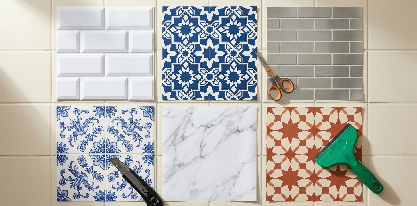 Editorial flat-lay of six removable tile sticker samples in a 3x2 grid on a cream tile background — white 3D gel subway tile, deep blue Moroccan geometric with 8-point stars, brushed stainless metal subway, Portuguese azulejo blue floral, Carrara marble veining, and terracotta-cream Moroccan stars — with utility knife, green squeegee and small orange scissors