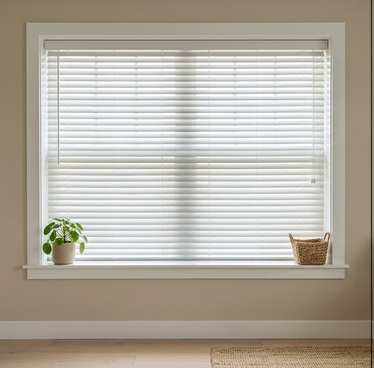 Residential window corner with white 2-inch faux-wood horizontal blinds with slats tilted slightly open showing the slat-tilt mechanism with soft daylight passing through between the slats, a small green leafy plant in a white ceramic pot on the left side of the window sill, white-painted window frame mounted on a beige interior wall above a pale wood floor with a natural-fiber jute rug at the bottom