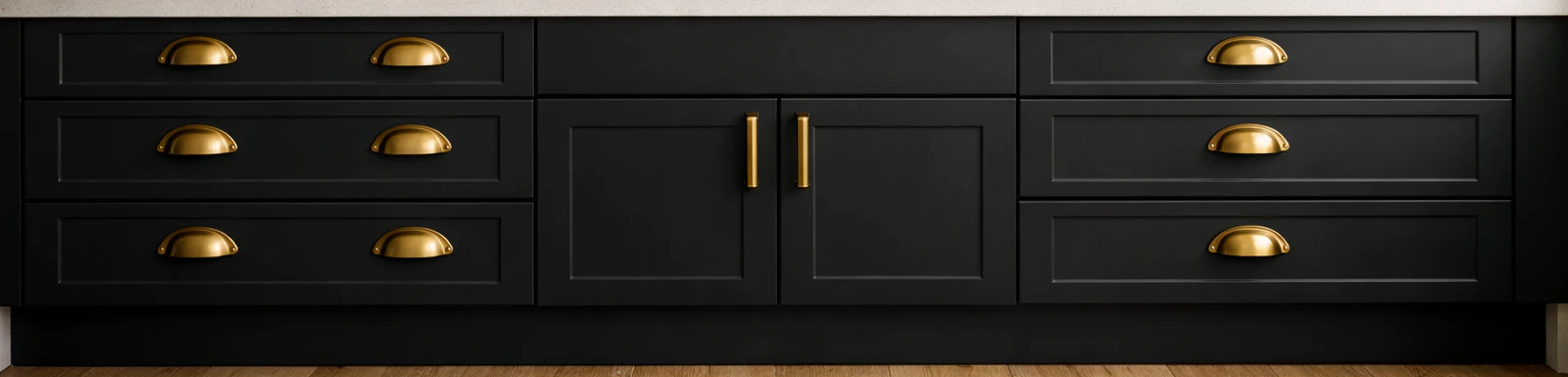 Close-up of bonded matte charcoal painted kitchen lower cabinets with brushed brass cup-pull and bar-pull hardware, white quartz countertop edge visible above and warm wood floor below, showing the durable finish of a Rust-Oleum Cabinet Transformations kit application