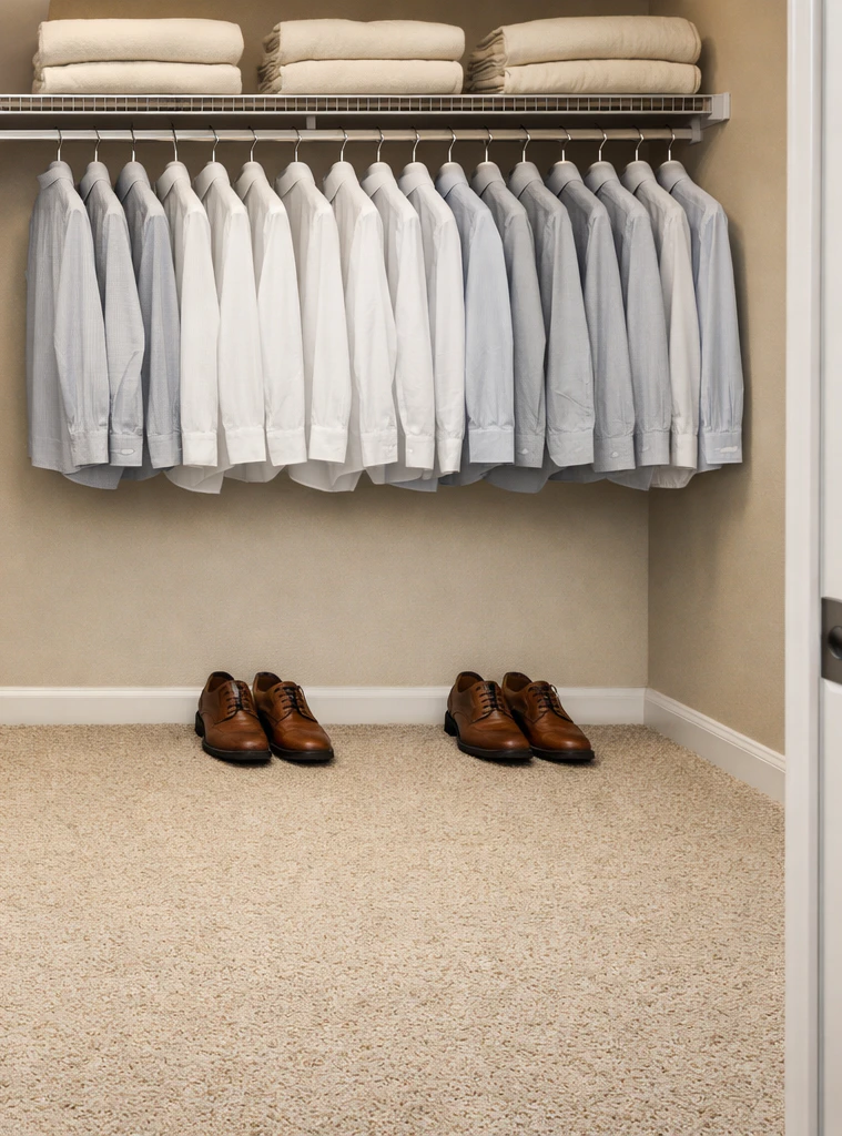 Reach-in closet corner with wall-to-wall beige low-pile residential carpet with subtle texture covering the floor, two pairs of brown leather oxford shoes neatly arranged against the back wall under a beige wall corner with white baseboards, partial view of hanging white and light-grey button-up shirts on a chrome rod above and folded cream sweaters on a white wire shelf, soft overhead closet light showing the warm soft surface that bare feet land on first thing in the morning while getting dressed