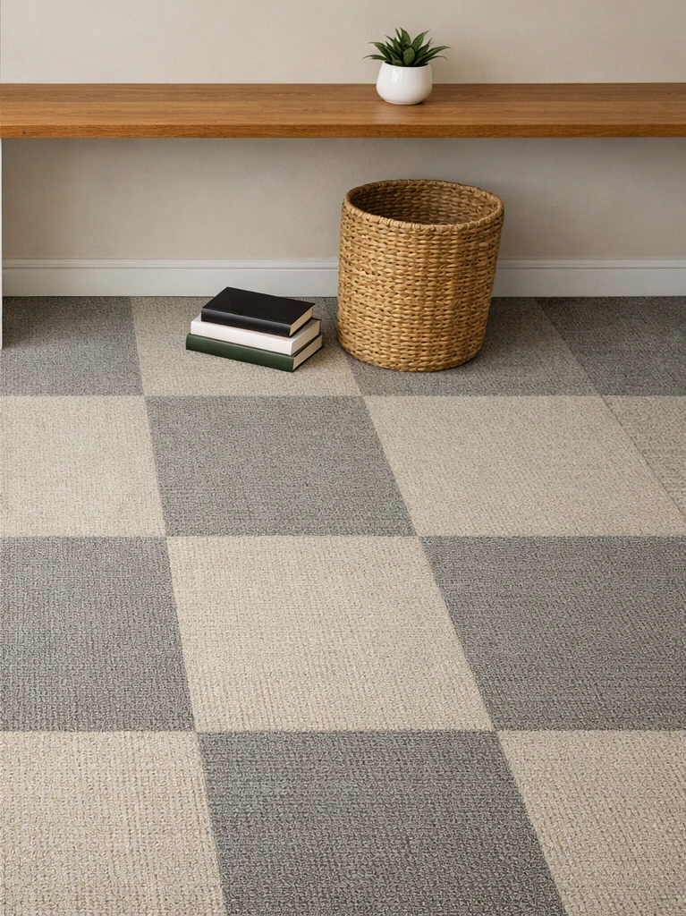 Modern home office workspace corner with modular grey-and-cream FLOR carpet tiles laid in a 24-inch alternating checkerboard grid pattern with subtle loop-pile texture covering the floor, a tall woven wastebasket and a small stack of two hardcover books on the floor between the tiles and a desk leg, partial view of a floating wood desk above with a small ceramic plant pot in a white pot and natural daylight, showing the modular soft-surface flooring that absorbs typing-impact sound for cleaner video-call mic pickup