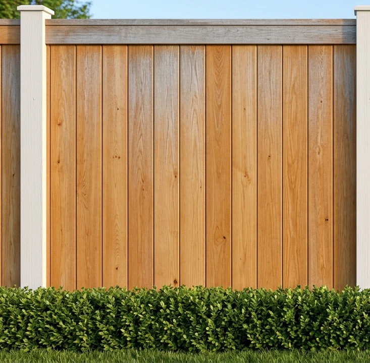 Warm honey-toned natural cedar fence panel with visible vertical wood grain and rich tonal variation between boards mounted on white-painted wood posts, the top cap rail showing slight color shift from sun exposure, neatly-trimmed green boxwood hedge in the foreground at the base of the fence, blue sky visible at the top edge, soft afternoon daylight catching the grain texture
