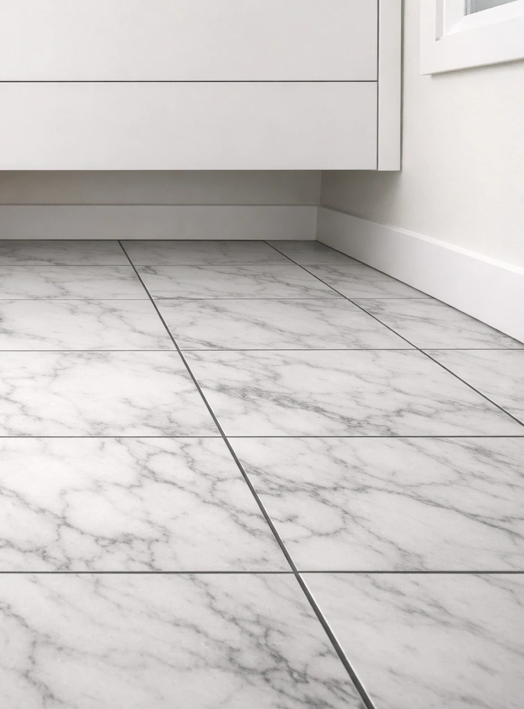 Close-up of white-and-gray marble-look porcelain ceramic tile bathroom floor in a brick-lay pattern with thin medium-gray grout lines, showing the dense permanent install material used in long-term bathroom renovations