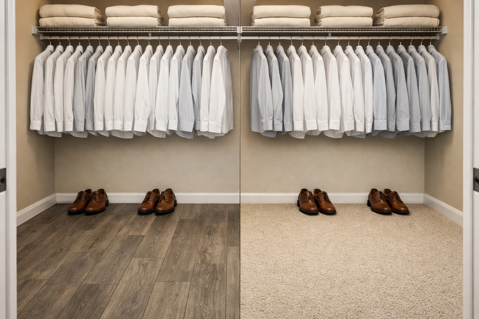 Side-by-side walk-in closet view with the same layout shown on both halves for direct comparison — left closet has warm grey-oak click-lock luxury vinyl plank flooring with visible plank seams, right closet has wall-to-wall beige low-pile residential carpet with subtle texture, both closets show two pairs of brown leather oxford shoes neatly placed against the back wall, a row of hanging white and light-grey button-up shirts on a chrome rod and two white wire shelves above holding folded cream sweaters, beige walls and soft overhead closet light, a partial doorway visible on the right edge