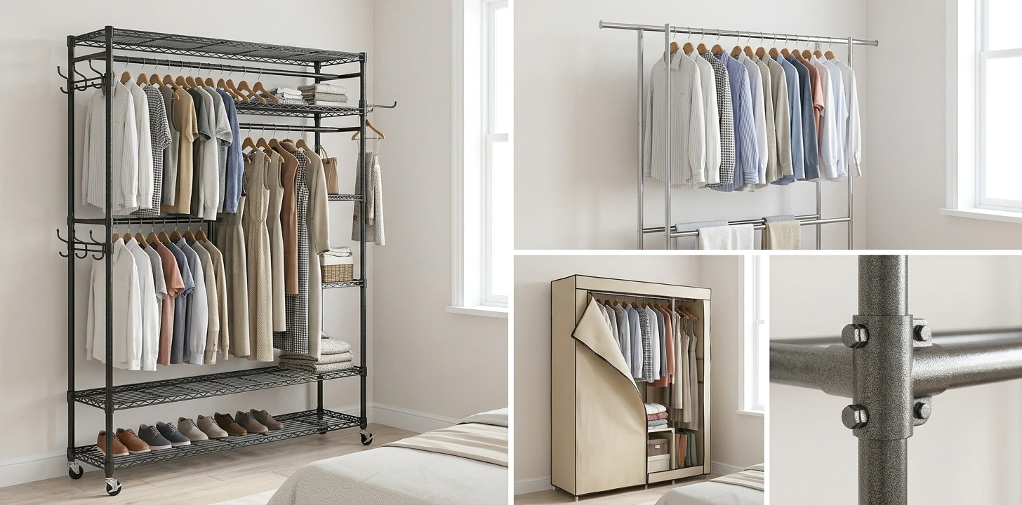 Four freestanding clothes storage units in a 2x2 grid — a loaded heavy-duty black steel garment rack with double rods and mesh shelves on casters, a simple chrome double-rod rack with shirts on wooden hangers, a beige fabric-covered wardrobe partially unzipped, and a close-up of a thick bolted steel tube joint