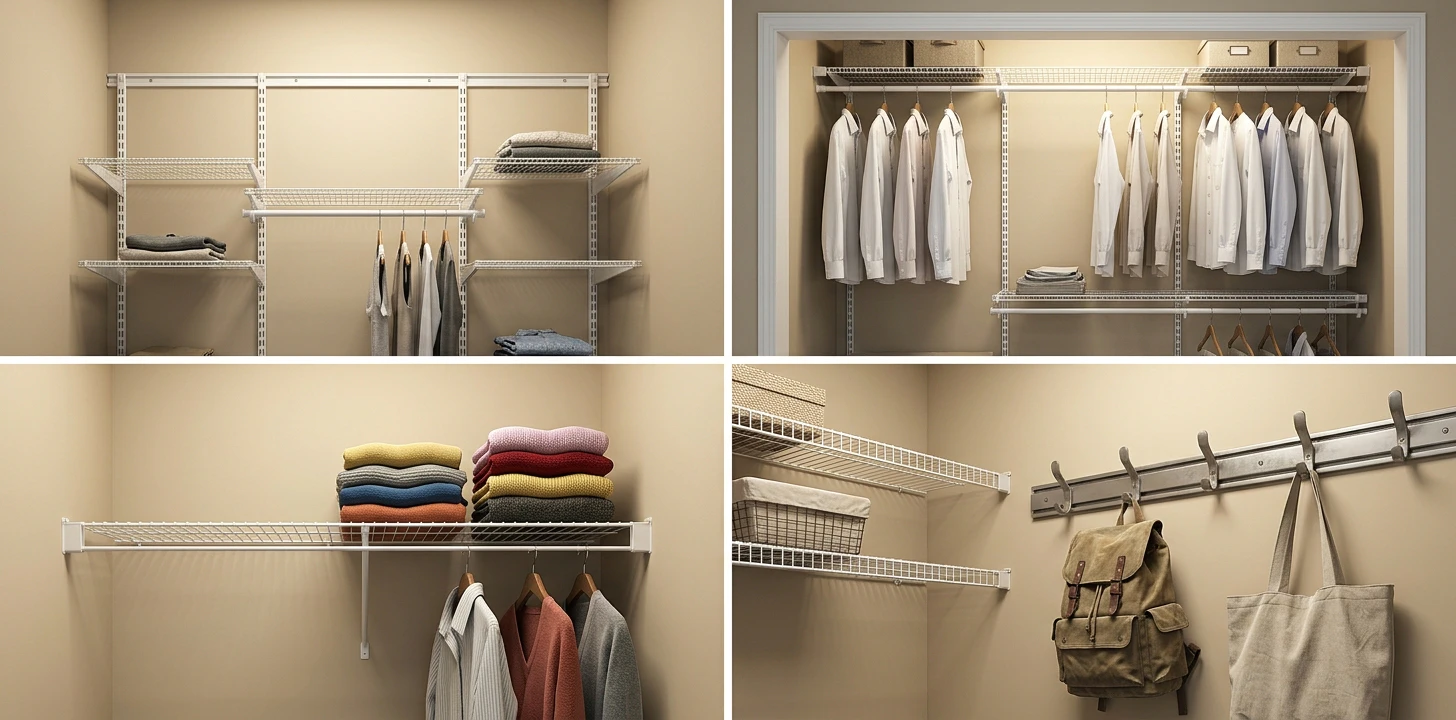 Four white wire closet systems in a 2x2 grid — adjustable shelves and rod on a hang rail, a complete boxed-kit wire closet with telescoping rods and hung shirts, classic fixed ventilated shelf-and-rod with folded sweaters, and a steel rail with hooks holding a backpack and tote