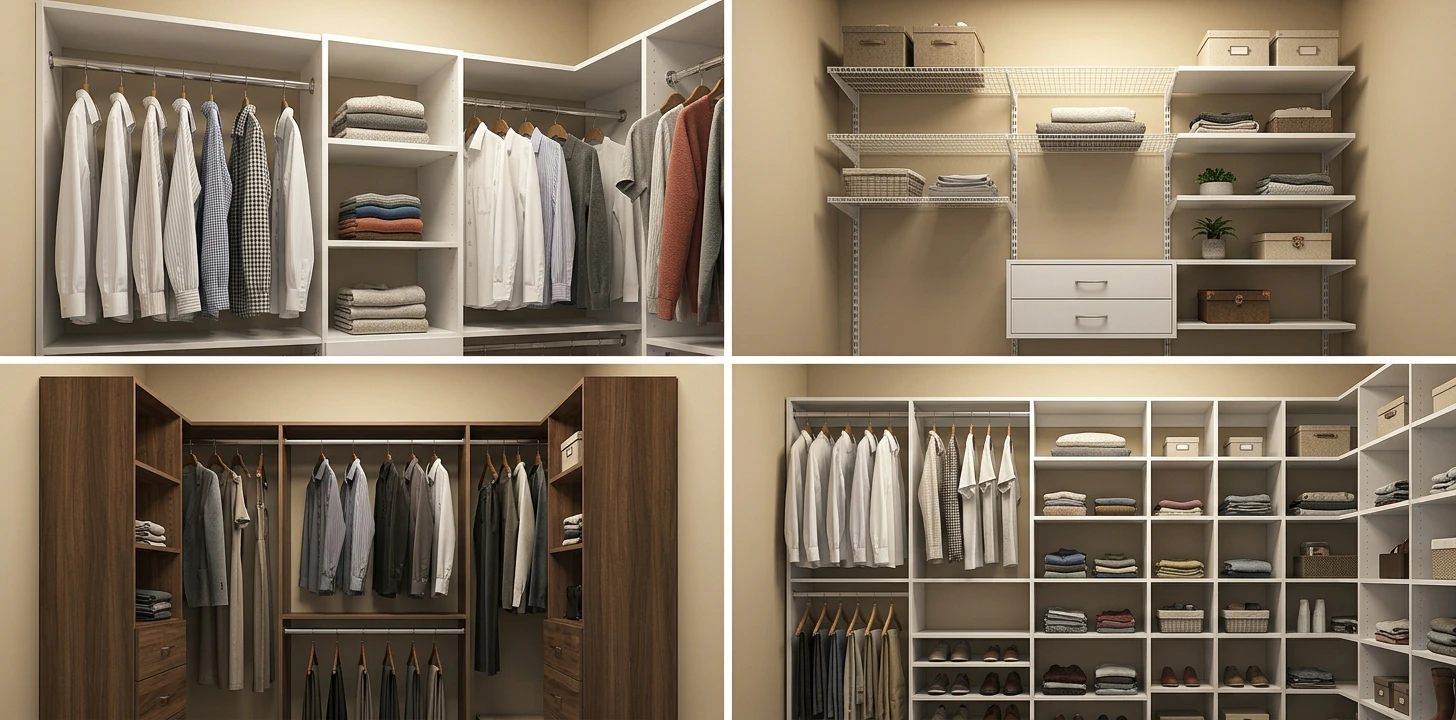 Four wood-look laminate closet systems in a 2x2 grid — a white center tower with side rods and hung shirts, modular wall sections mixing mesh and solid shelves with a drawer, a walnut-tone kit with brushed metal rod, and a full wall of white laminate cubbies and shelves organizing shirts, shoes and folded stacks