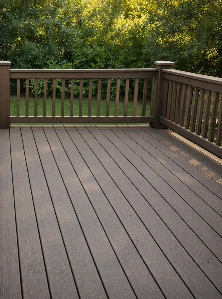 Composite decking boards in uniform grey-brown color with consistent engineered texture showing the modern Trex-style appearance that holds its look for decades