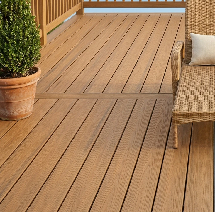 Warm honey-brown composite decking close-up showing realistic wood-grain emboss texture with slight color variation between boards that mimics natural wood, a tall potted boxwood plant in a terracotta pot on the left side and the edge of a tan all-weather wicker lounge chair on the right, soft afternoon daylight at a low angle revealing the wood-look surface authenticity