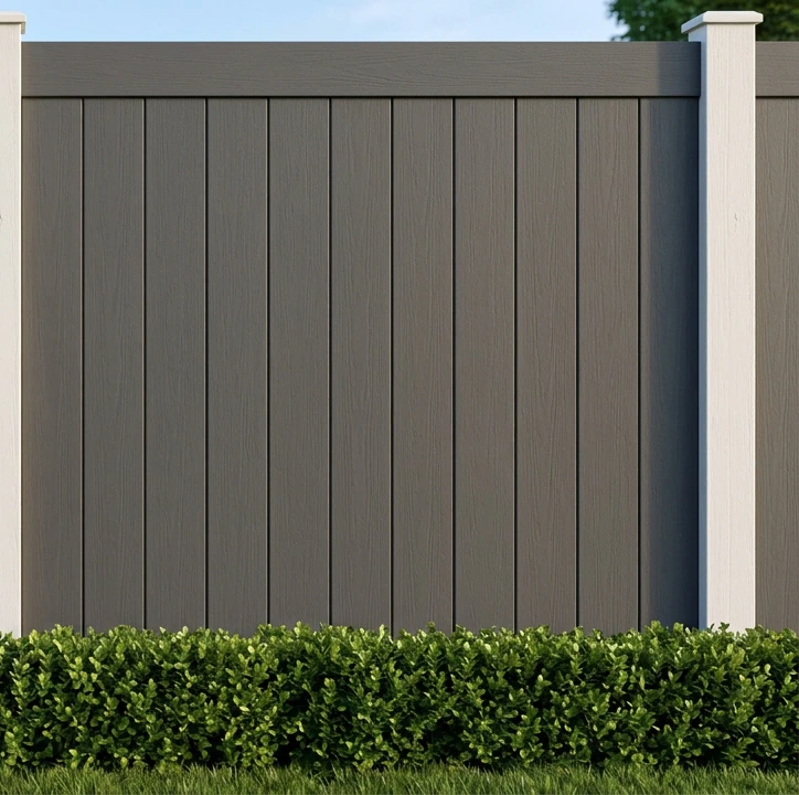 Charcoal-grey composite fence panel with uniform smooth manufactured texture and faint vertical wood-grain emboss pattern mounted on white-painted wood posts, crisp factory edges along the top cap rail showing no weathering or fade, neatly-trimmed green boxwood hedge in the foreground at the base of the fence, blue sky visible at the top edge