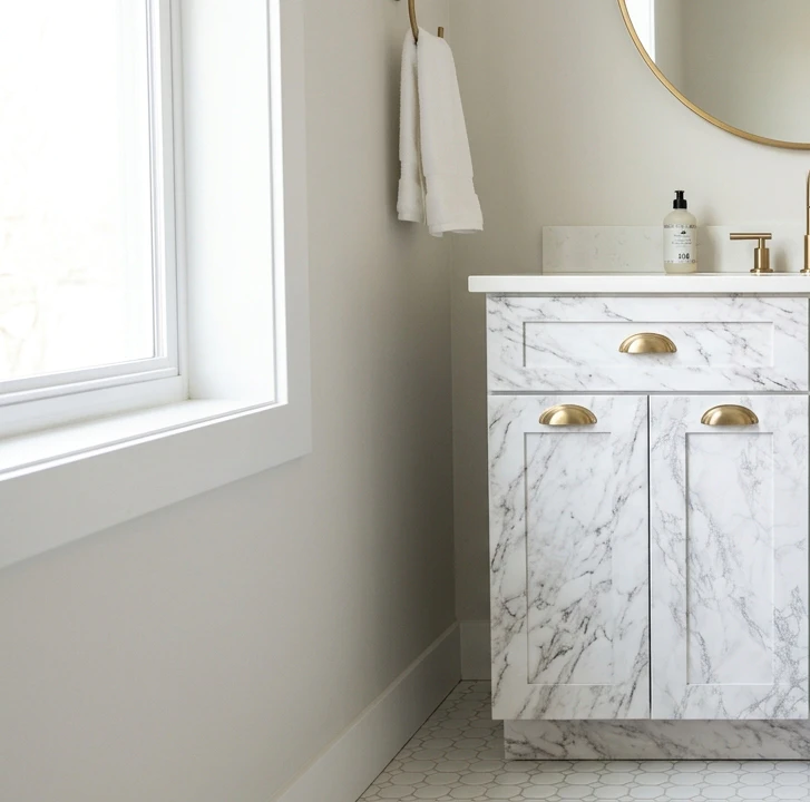 Bathroom vanity wrapped in white-and-grey marble-look contact paper with brushed brass cup-pull hardware, brass mirror and white hex tile floor visible, soap pump on the quartz countertop, natural light from a side window showing the marble veining pattern up close