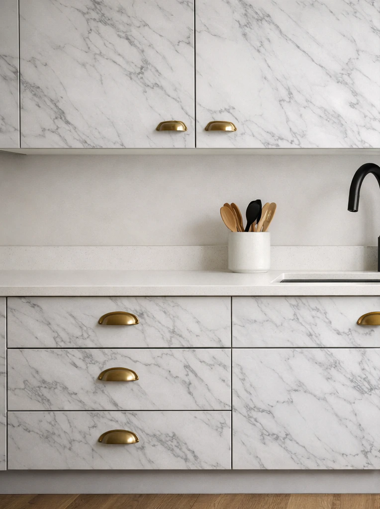 Close-up of kitchen cabinets wrapped in white-and-gray marble-look contact paper with brushed brass cup-pull hardware, showing the veined stone pattern that mimics real marble at conversational distance
