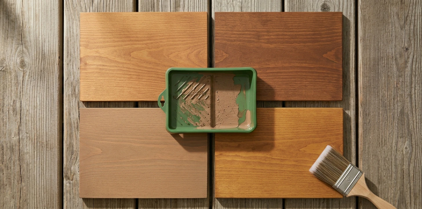 Mainstream-tier deck stain flat-lay in 2x2 grid — natural cedar tone (Behr Premium DeckPlus style), warm chestnut-brown (Olympic Maximum style), light pecan self-leveling (Ready Seal style), and warm honey-cedar with UV-protection sheen (Defy Extreme water-based style) on weathered wood deck planks with a green plastic paint tray showing stain residue at center and a 3-inch synthetic-bristle brush at the bottom-right