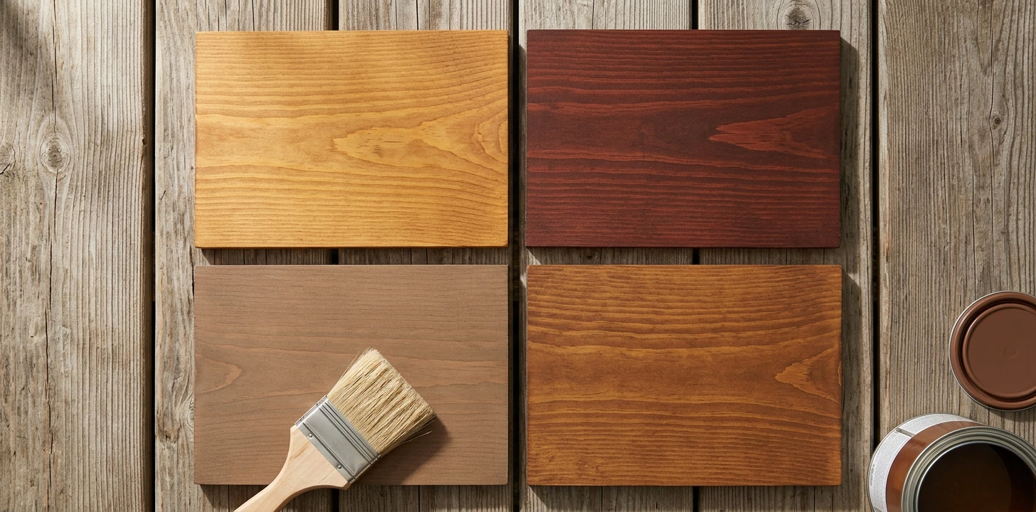 Premium-tier deck stain flat-lay in 2x2 grid — warm honey-cedar with visible golden grain (Cabot Australian Timber Oil style), rich mahogany red-brown showing deep tropical color (Penofin Brazilian rosewood style), refined cedar-brown architectural finish (Sikkens PPG ProLuxe style), and warm caramel-brown semi-transparent (TWP Texas-engineered style) on weathered wood deck planks with natural-bristle stain brush and a partially-visible open quart can