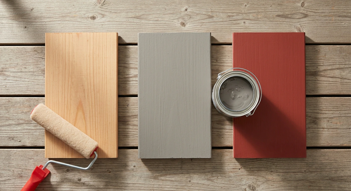 Budget and specialty deck stain flat-lay of three sample boards — barely-tinted cedar waterproofer (Thompson's Water Seal style), opaque weathered driftwood grey heavy-bodied solid (Restore-A-Deck restoration style), and opaque cottage-red solid water-based (Cabot Solid Color style) on weathered wood deck planks with a short-nap roller with red frame and an open pint can showing thick grey stain inside