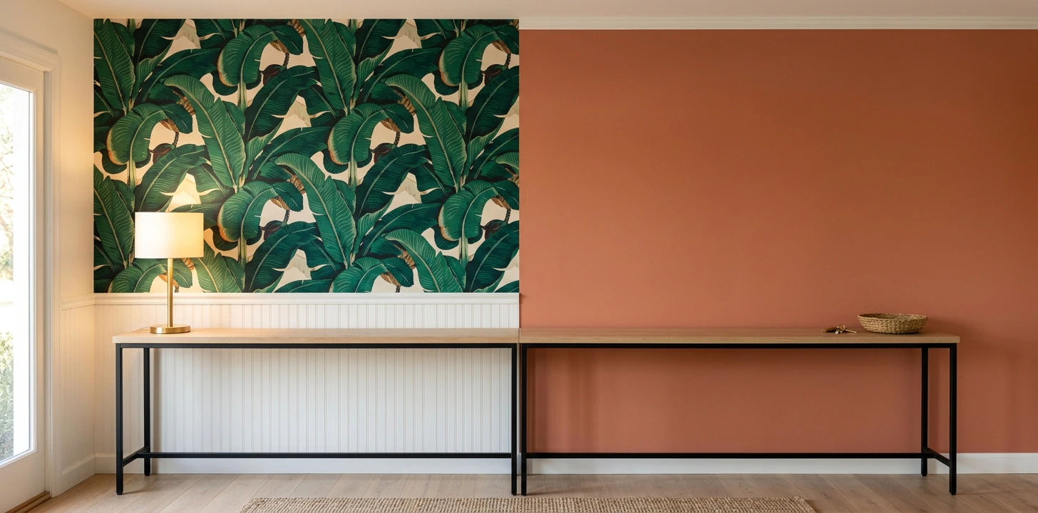 Modern entryway wall above a continuous narrow wood-and-iron console table split exactly down the vertical center — left half bold large-scale Martinique-style banana leaf peel-and-stick wallpaper in deep emerald green and warm cream tones covering the drywall above a white-painted beadboard wainscot at chair-rail height, brass-finish modern table lamp on the far left edge of the console with daylight from a side window beyond; right half solid warm terra-cotta matte painted wall running floor to ceiling with no wainscot, small woven catch-all bowl on the far right edge of the console, pale oak wood floor with a small handwoven entry rug at the bottom of the frame