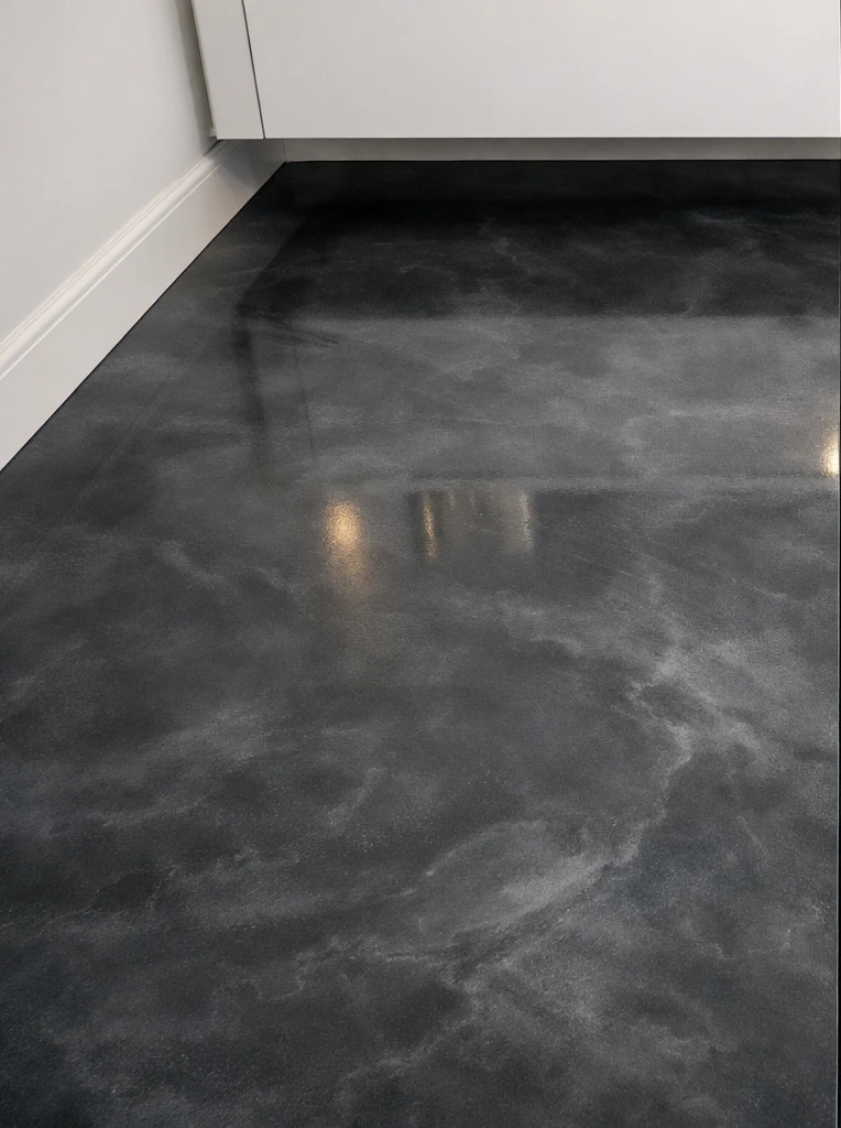 Close-up of a seamless glossy charcoal-grey metallic epoxy bathroom floor with a marbled swirl pattern and soft reflections, meeting a white vanity base and baseboard with no grout lines anywhere