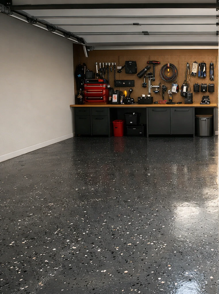 Finished glossy black epoxy coating with scattered decorative chips on a residential garage floor next to a workbench and pegboard tool storage
