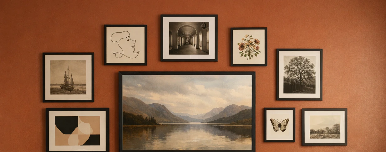 Close-up of a curated gallery wall arrangement with nine framed prints in consistent matte black frames over a deep terracotta accent wall, large landscape painting as the central anchor piece surrounded by smaller portrait and landscape works with even two to three inch spacing
