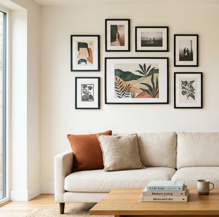 Curated gallery wall of seven framed art prints in consistent matte black frames over a warm-white painted wall above a cream linen sofa, large botanical landscape anchor piece in the middle surrounded by mixed-size portrait and landscape pieces with even spacing