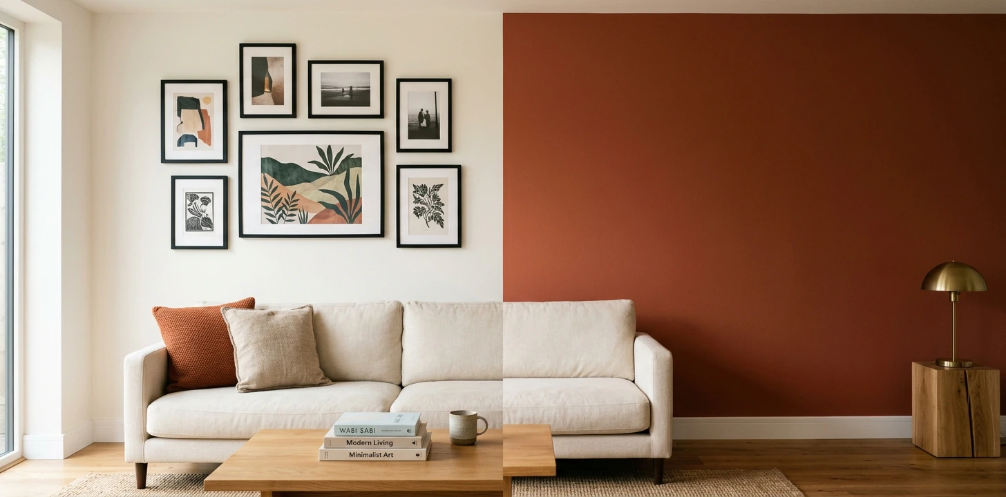 Modern living room with cream linen sofa centered, back wall split down the center, left half curated gallery wall of seven matte black framed art prints with botanical landscape anchor in the middle over warm-white paint, right half solid deep terracotta accent paint wall with brass-base table lamp on wooden side table