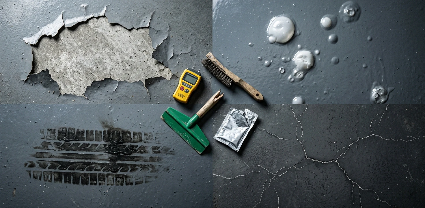 Editorial flat-lay of four garage floor epoxy failure modes on bare concrete — peeling epoxy lifting in large flakes, white blister bubbles trapped under glossy charcoal epoxy, dark tire-shaped stains from hot-tire pickup, and hairline cracks spider-webbing across the surface — with a yellow concrete moisture meter, wire brush, broken-handle squeegee and torn epoxy sachet in the center
