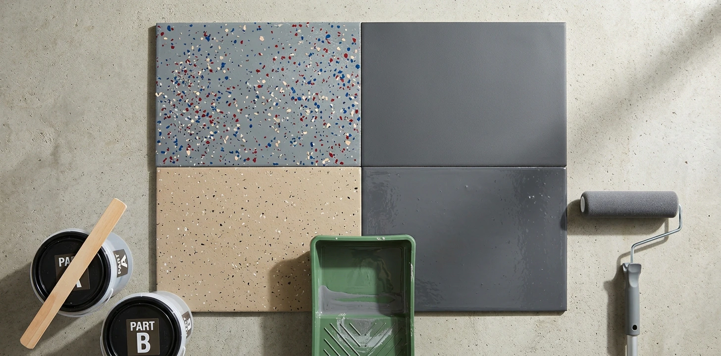 Mainstream-tier garage floor coating flat-lay in 2x2 grid — glossy battleship-grey 2-part epoxy with red-blue-beige broadcast flakes (Rust-Oleum EpoxyShield style), solid charcoal grey single-coat water-based (Behr Premium 1-Part style), budget tan-beige 2-part epoxy with subtle flake (Quikrete style), and glossy deep-grey 100% solids premium epoxy (Epoxy-Coat style) on bare concrete with two epoxy mixing buckets labeled PART A and PART B, wood stir paddle, green plastic paint tray with epoxy residue, and a 9-inch foam roller
