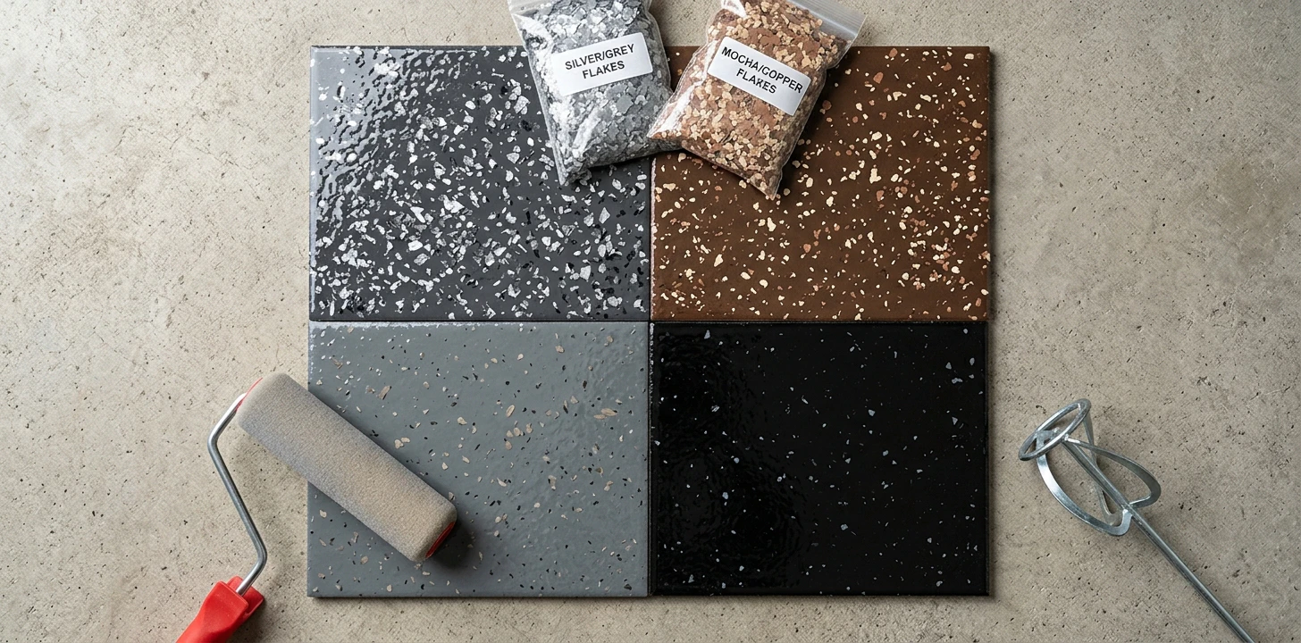 Premium-tier garage floor coating flat-lay in 2x2 grid — glossy charcoal with silver decorative flakes (Rust-Oleum RockSolid Polycuramine style), rich mocha-brown polyaspartic with copper-and-cream broadcast flakes (Citadel style premium), medium slate-grey polyaspartic with subtle driftwood flake mix (Floorguard DIY style), and deep glossy black hybrid polyaspartic-epoxy commercial finish (ArmorPoxy pro-grade style) on bare concrete with foam roller having red handle, two clear plastic bags of decorative color flake chips (silver and copper-mocha) and a hand mixer drill attachment