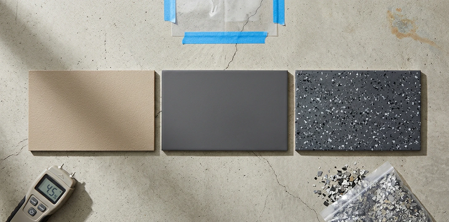 Specialty-tier garage floor coating flat-lay of three sample tiles — tan-beige moisture-bridge epoxy engineered for damp concrete (Drylok E1 style), solid charcoal-grey single-coat 1-part epoxy (Krylon Epoxy Pro style budget), and glossy deep-grey polyaspartic with granite-finish flake mix (NewAge Garage Floors system style) on bare concrete with handheld concrete moisture meter, clear plastic moisture-test sheet taped with blue painter's tape, and a clear bag of granite-finish color flake samples