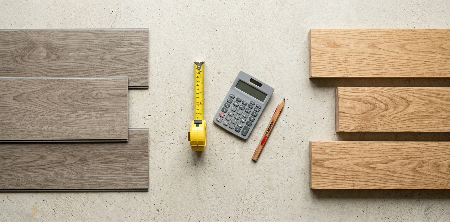 Flat-lay comparing thin grey-oak luxury vinyl plank samples with thicker solid oak hardwood boards, a tape measure, calculator and carpenter's pencil between them on light concrete
