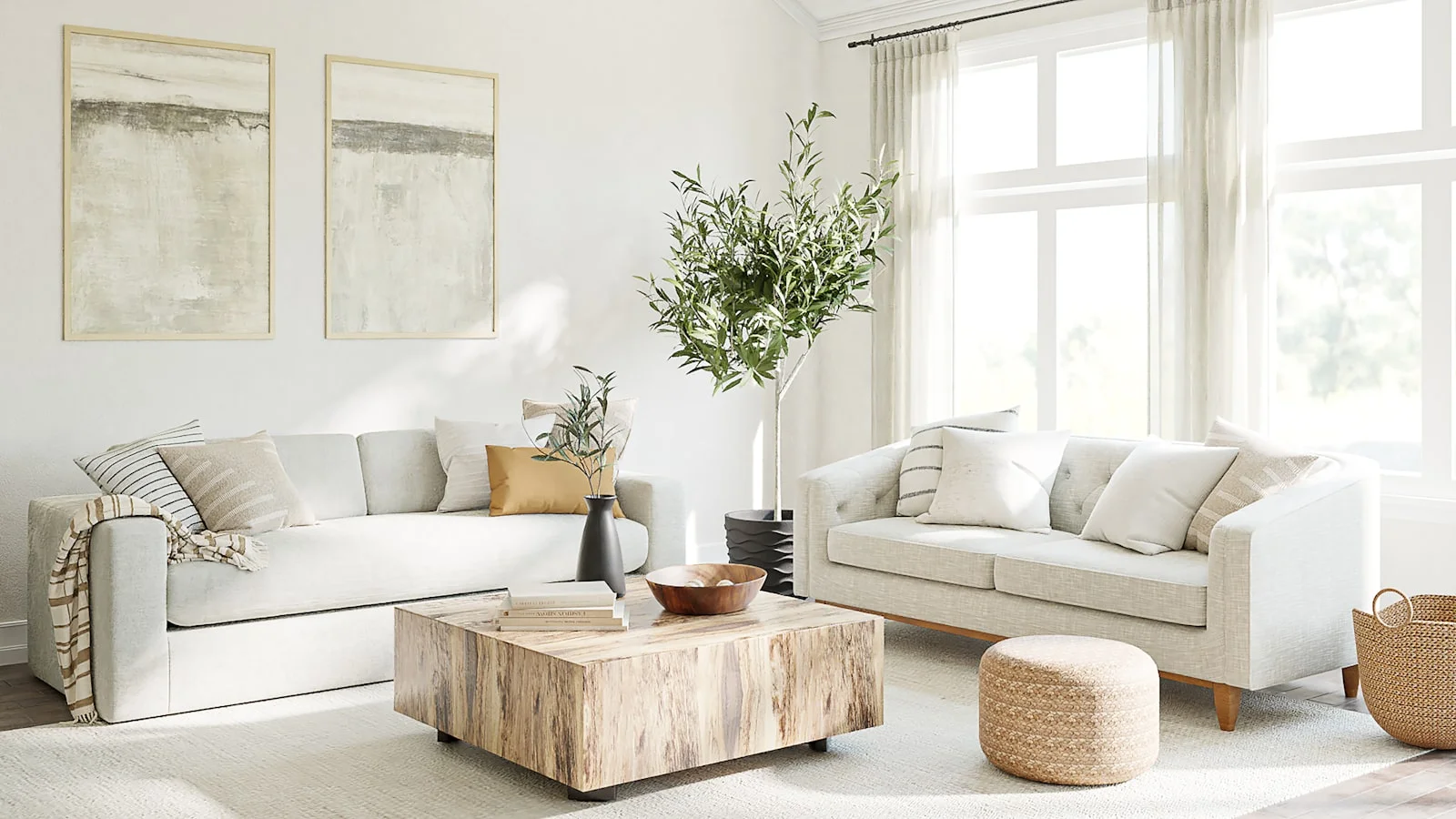 Bright Scandinavian apartment interior with neutral tones and natural materials