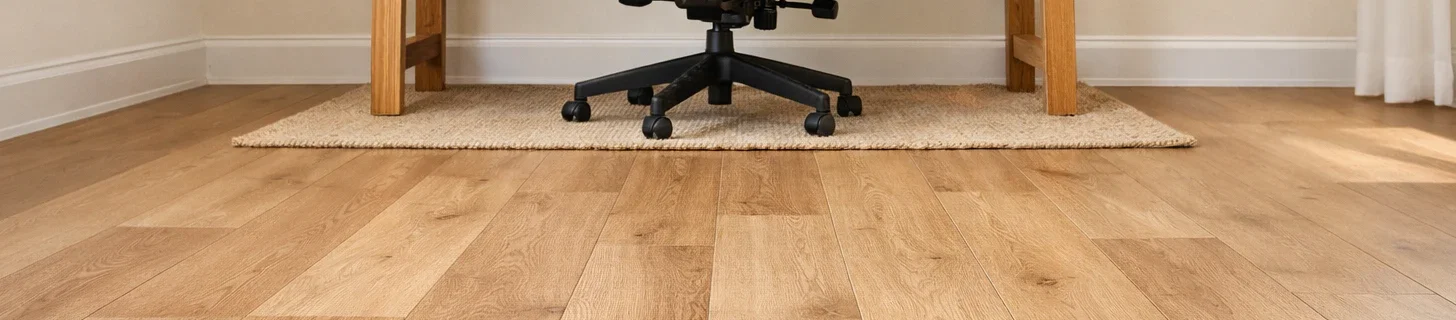 Close-up of a warm white-oak wide-plank luxury vinyl plank floor in a home office, a black mesh-back ergonomic office chair on its five-star wheel base sitting on a small natural-fiber rug under a wood desk, white baseboards and wall behind, showing the chair-wheel-on-LVP zone where most WFH chair rolling actually happens