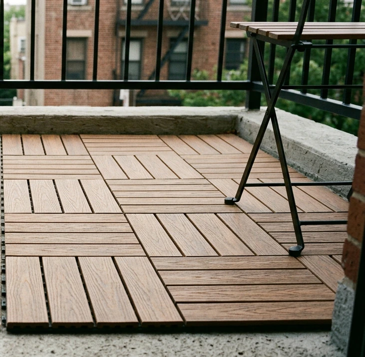 Interlocking acacia wood-look deck tiles in a square-grid layout on an apartment balcony with a folding cafe chair, black metal railing and brick building behind, showing the snap-together drainage-friendly approach to balcony flooring